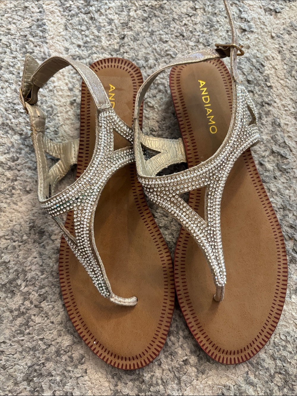 ANDIAMO Women's Embellished Metallic Gold T-Strap Sandals